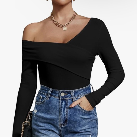 Tops - Women's Off The Shoulder Long Sleeve Cross Wrap Ribbed Knit Blouse Black XL